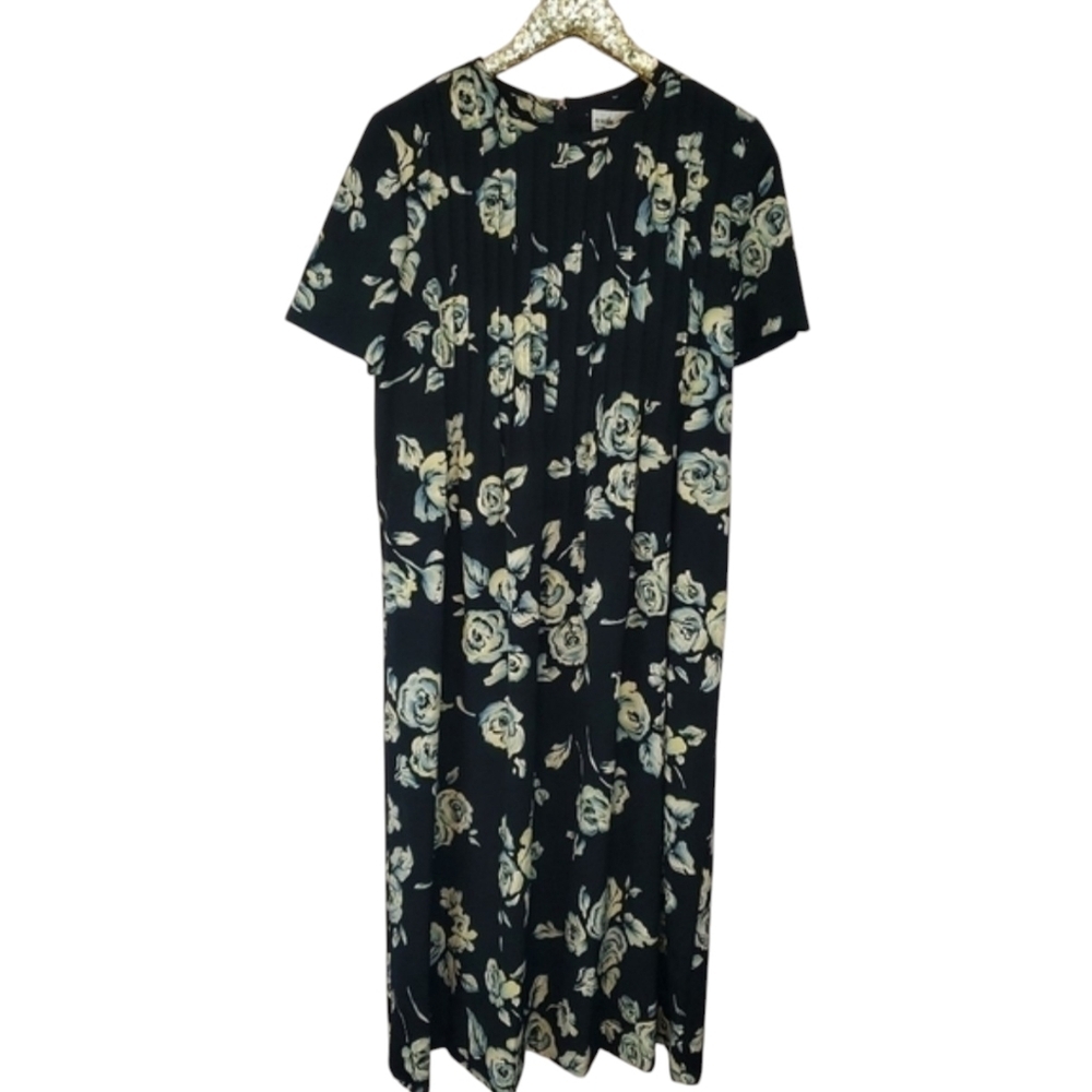 Vintage‎ 90s Sunshine and Starshine Womens Black Floral Pleated Midi Dress sz 10